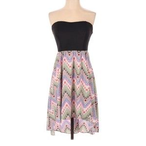 La Scala A-Line Dress Size S Strapless Chevron Herringbone Print Colorful Black